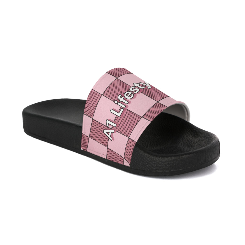 Slide Sandals — Pink Checkered “A1 Lifestyle Co.” Slides
