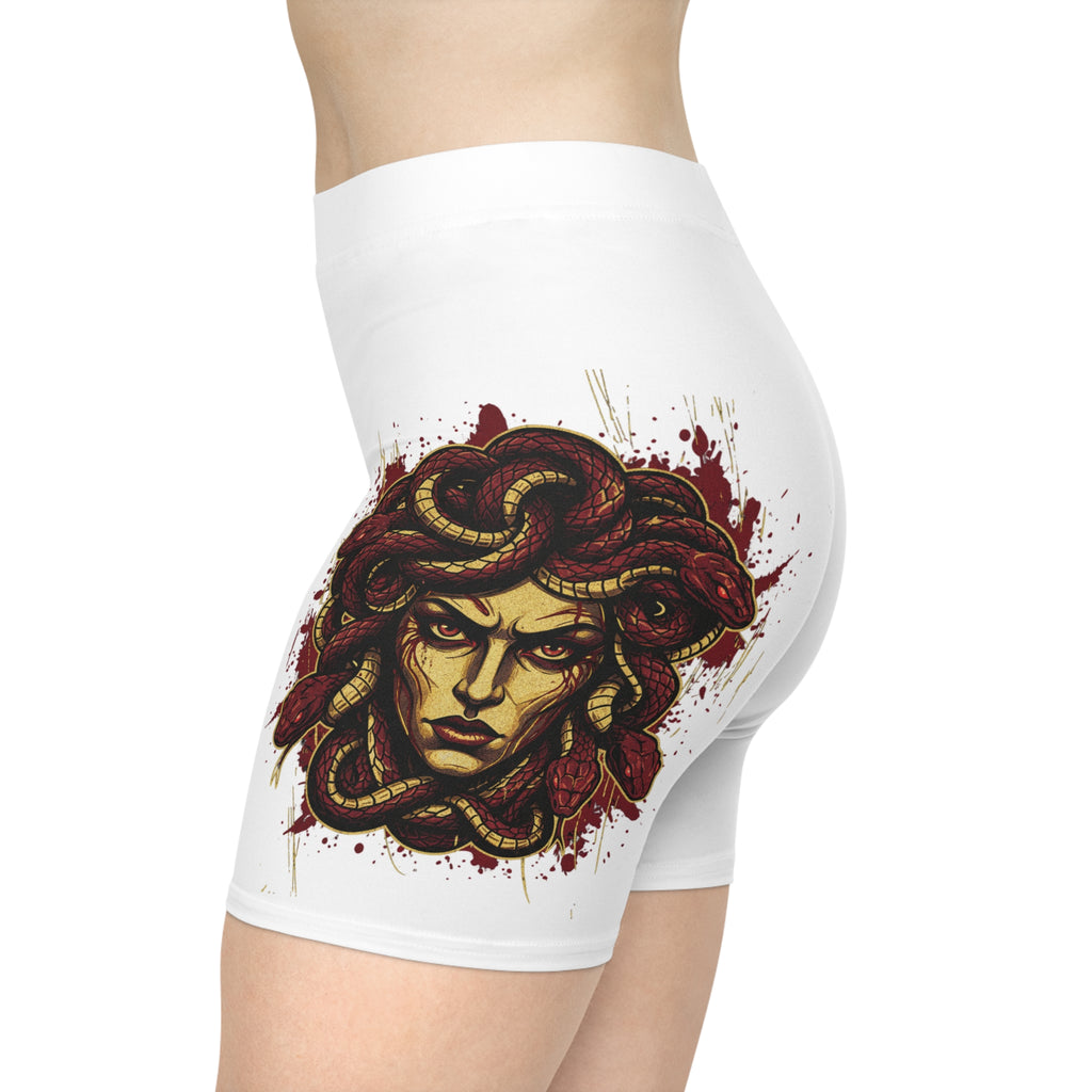 Medusa Graphic Biker Shorts — Mythic Snake Head Print Activewear