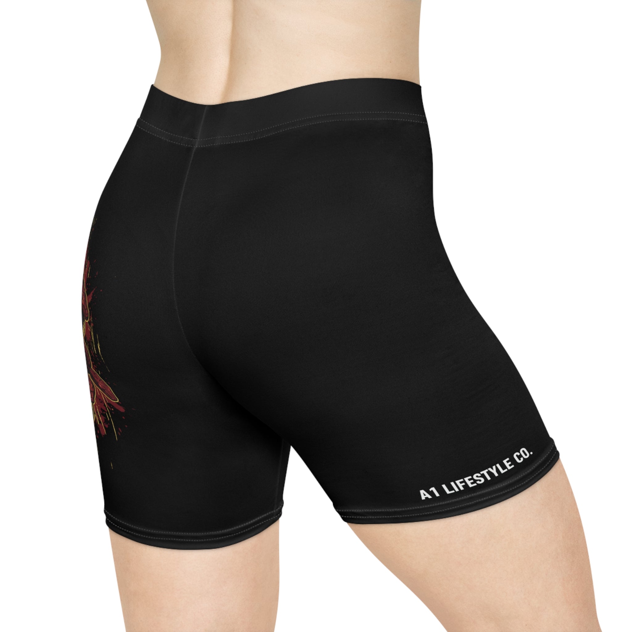 Medusa Graphic Biker Shorts — Women's Athletic Cycling Shorts with Red Mythic Artwork