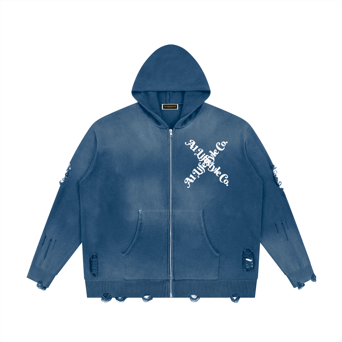 Unisex Distressed Full Zip Sweater