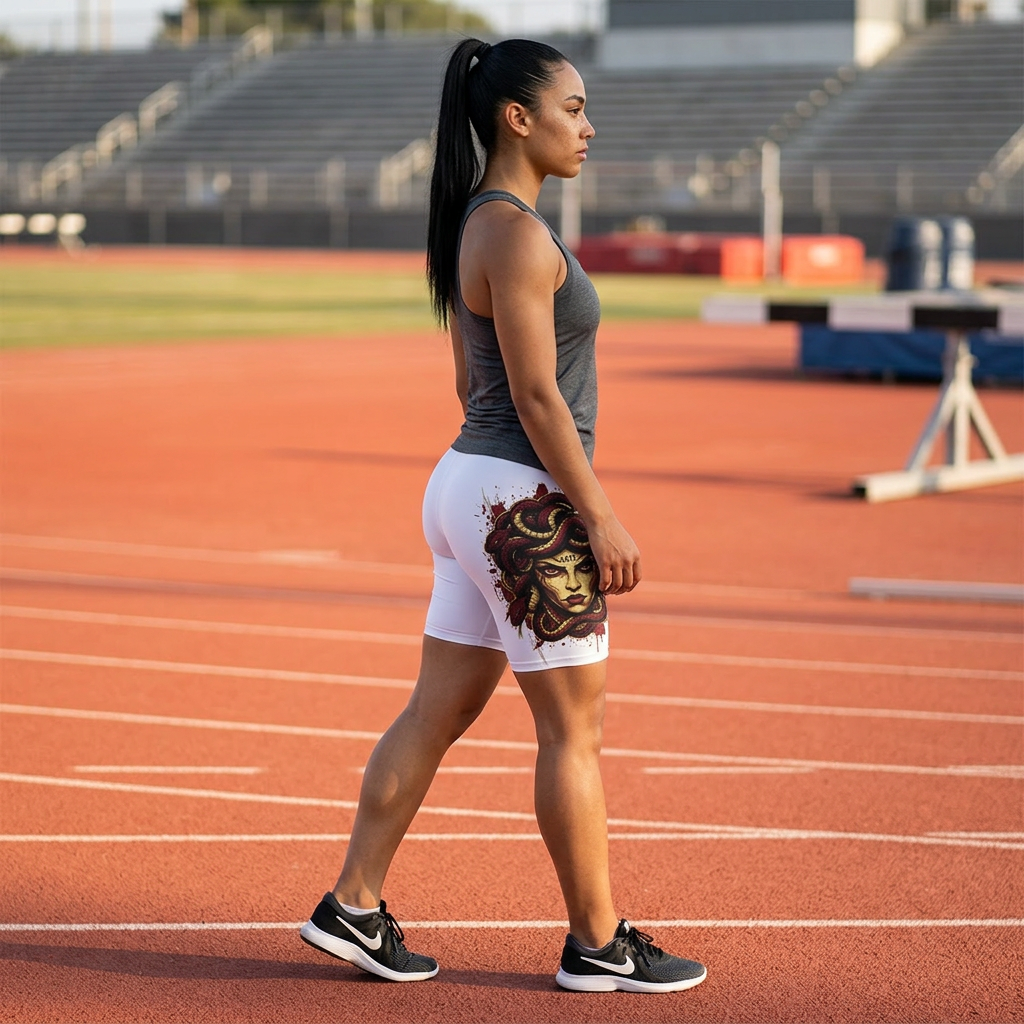 Medusa Graphic Biker Shorts — Mythic Snake Head Print Activewear