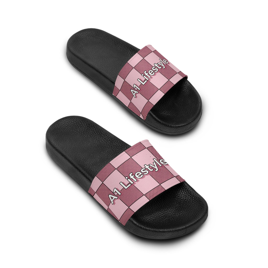 Slide Sandals — Pink Checkered “A1 Lifestyle Co.” Slides