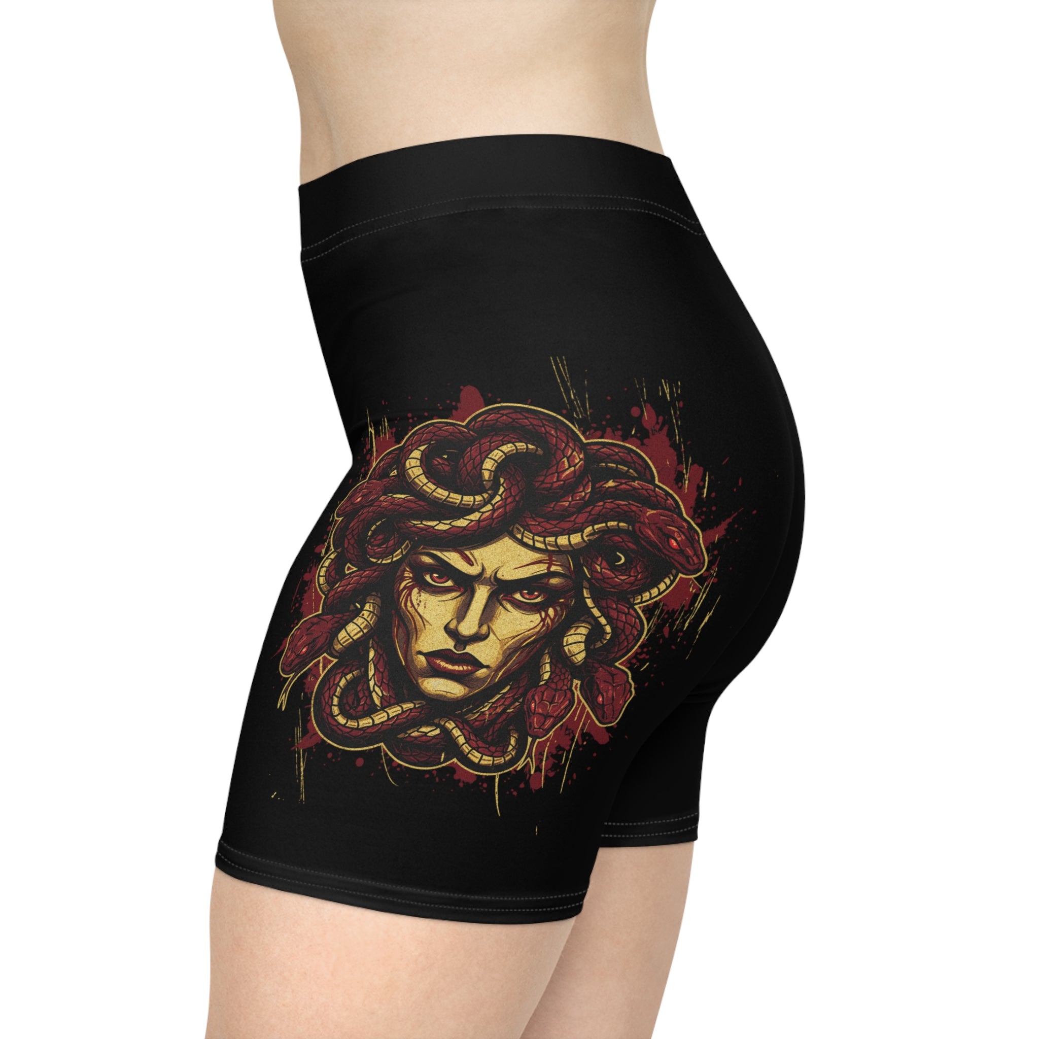 Medusa Graphic Biker Shorts — Women's Athletic Cycling Shorts with Red Mythic Artwork