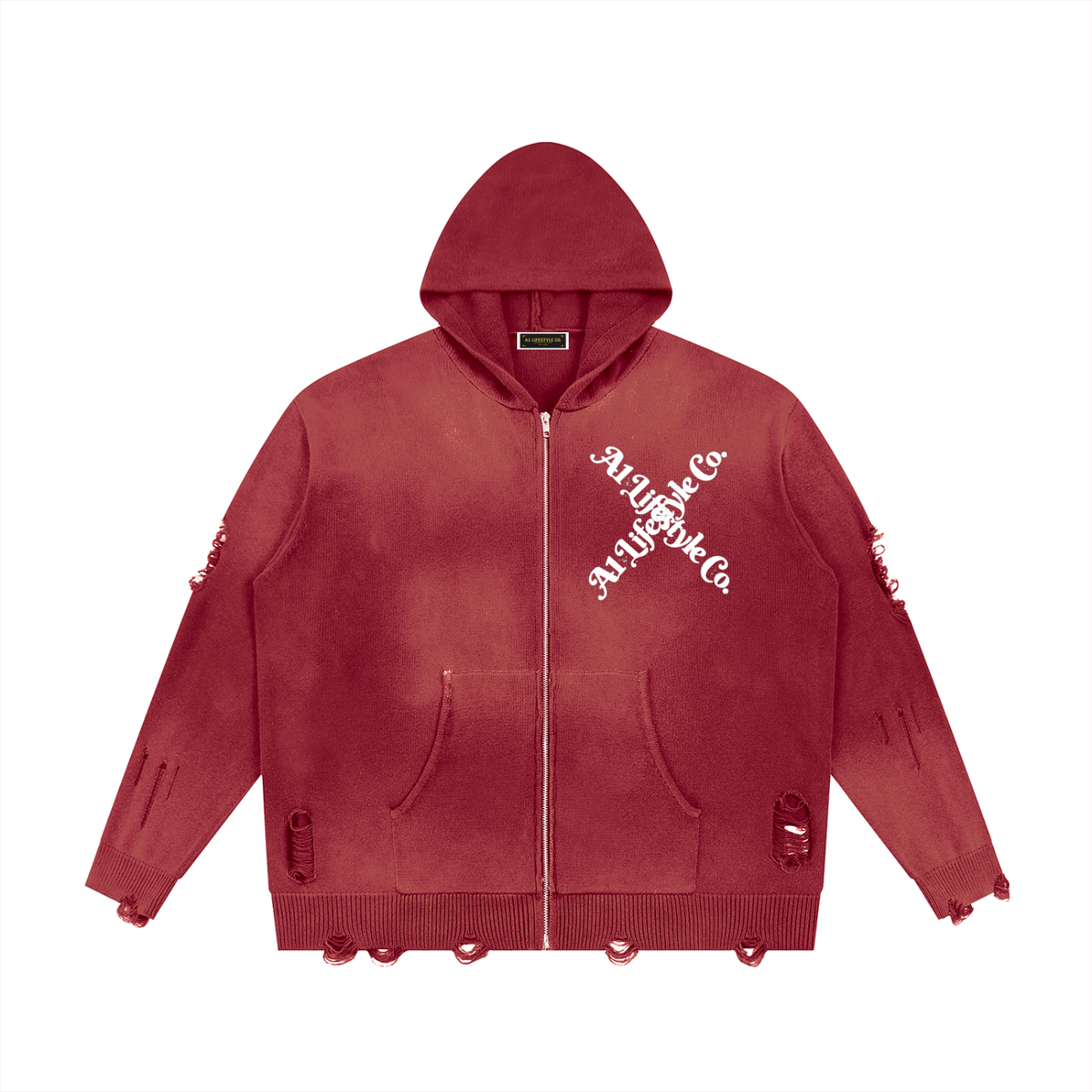 Unisex Distressed Full Zip Sweater