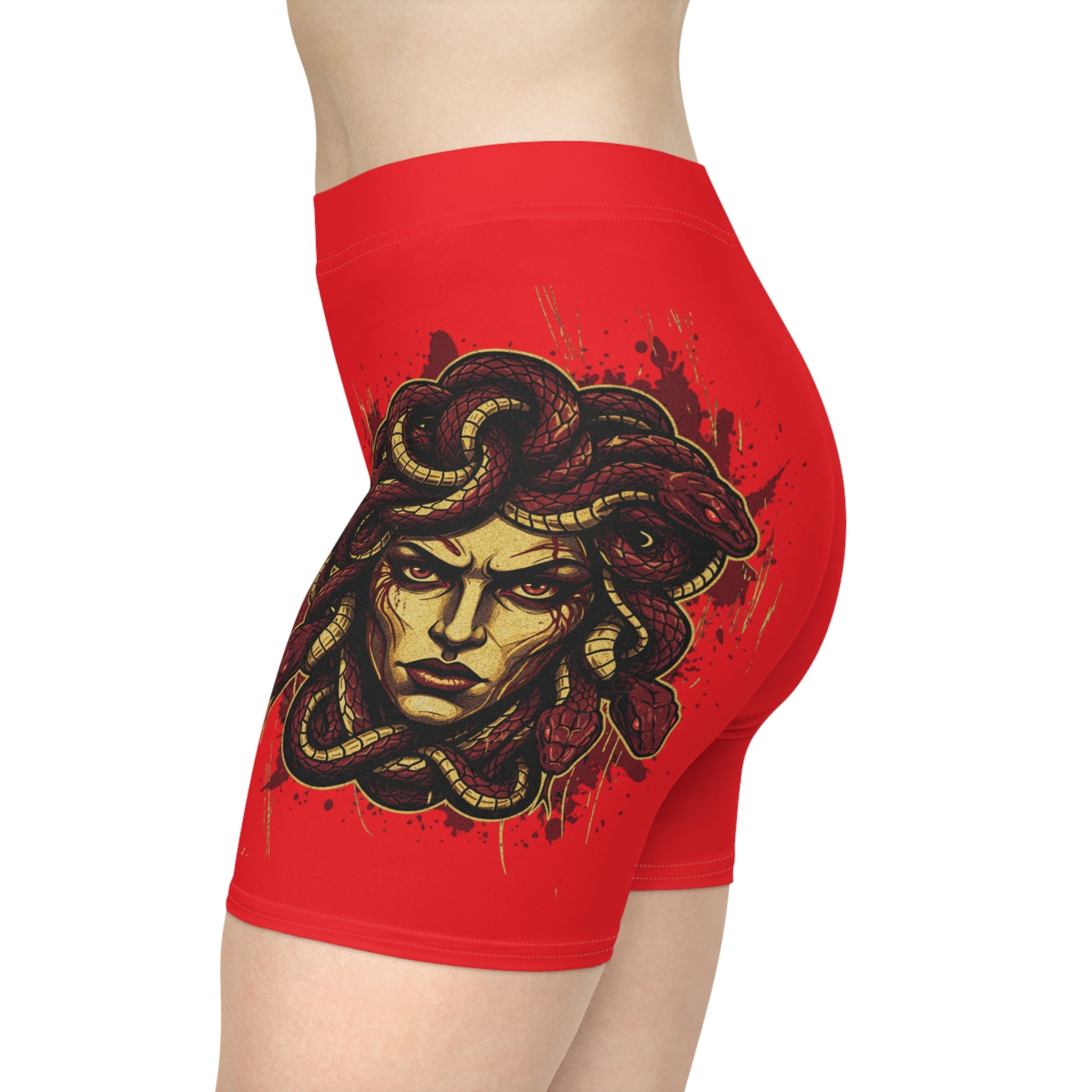 Medusa Graphic Biker Shorts – Bold Red Snake-Head Activewear