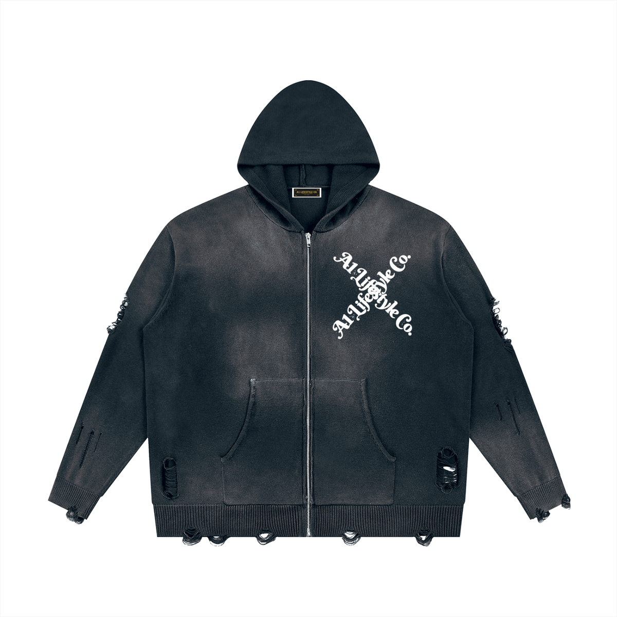 Unisex Distressed Full Zip Sweater